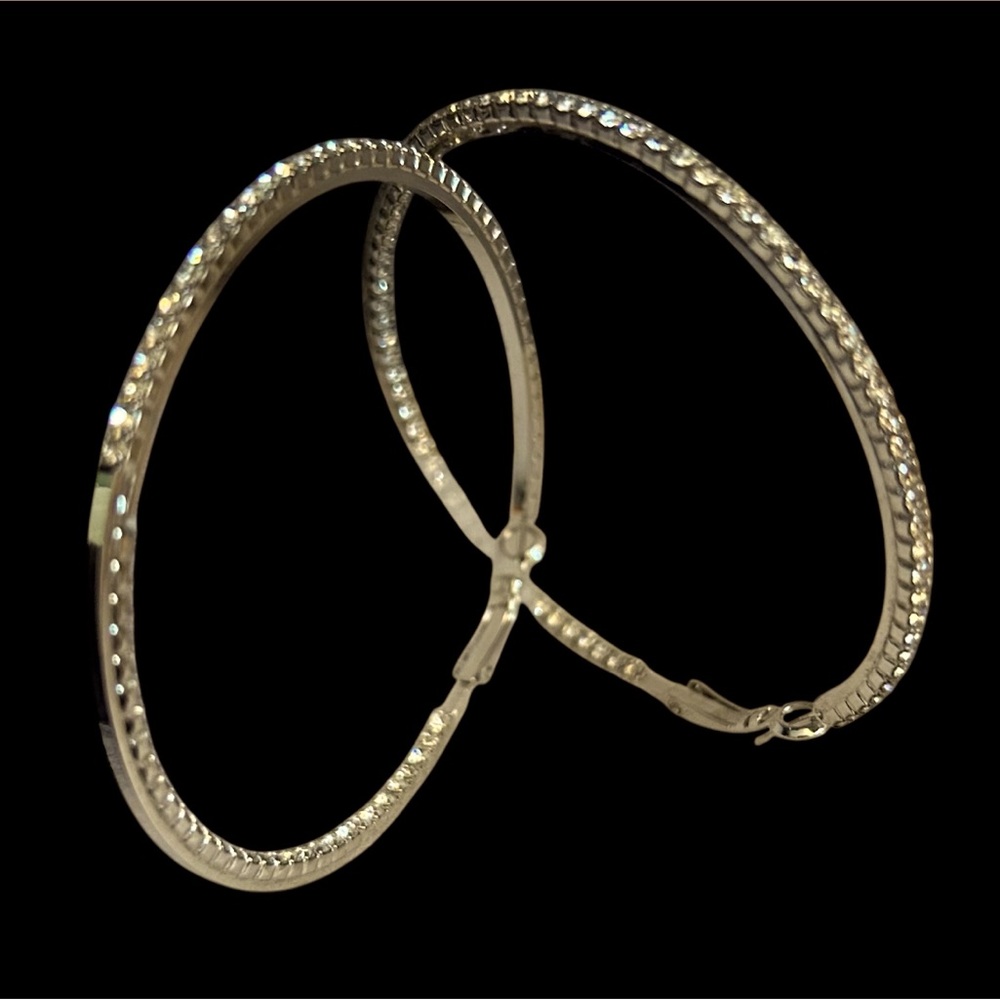 Large Silver tone Rhinestone Hoop Earrings